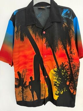 Men's Vintage ODO 90’s Hawaiin Sunset Surf Print Camp Shirt - Black & Orange